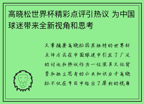 高晓松世界杯精彩点评引热议 为中国球迷带来全新视角和思考